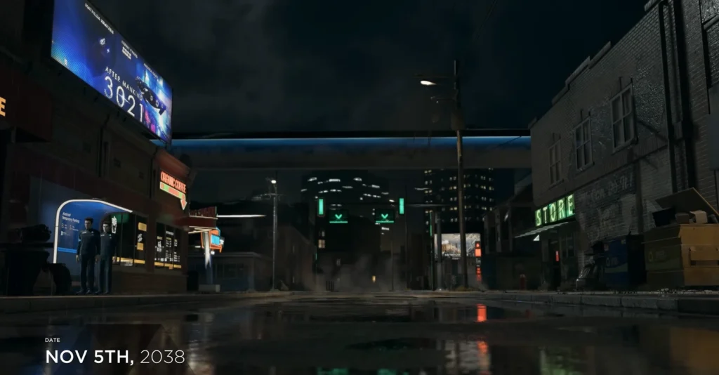 Two men stand on rainy street at night