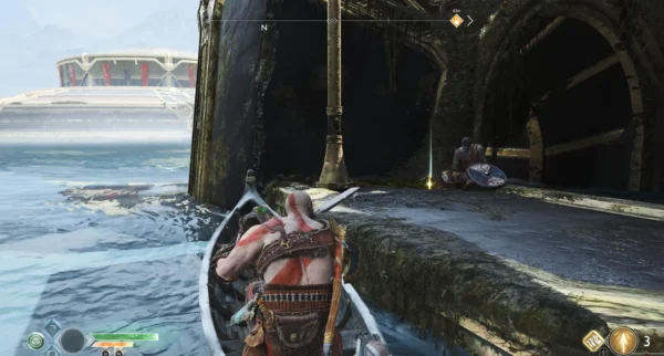Kratos rows boat toward dock in God of War