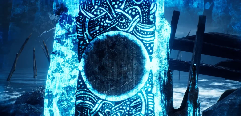 Glowing blue rune stone stands near wooden wreckage shoreline