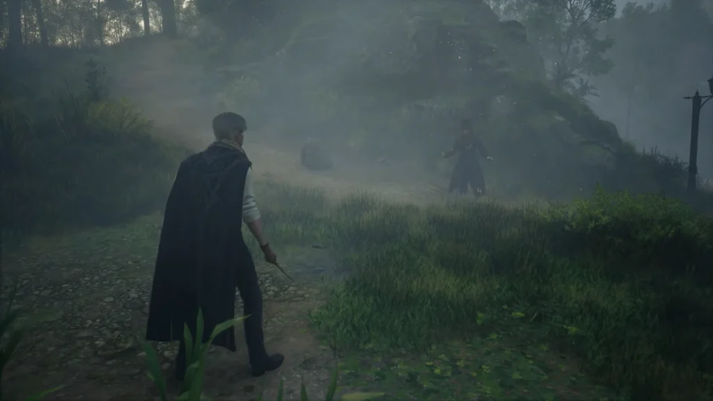 Wizard aims wand at figure in foggy forest