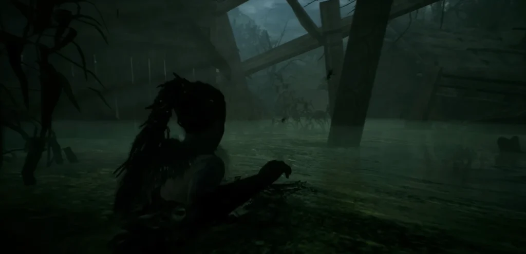 Silhouetted creature crouching in foggy swamp at night