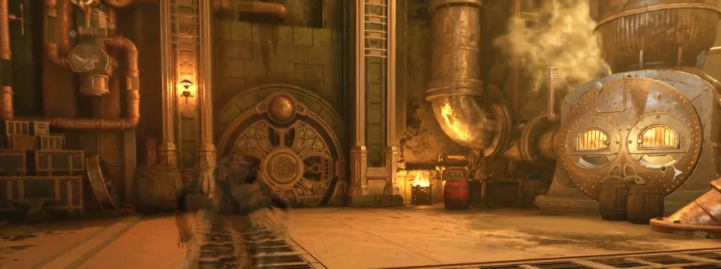 Steam rises from furnace machinery in industrial room