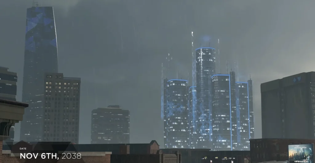 Rain falls over blue-lit skyscrapers in city skyline