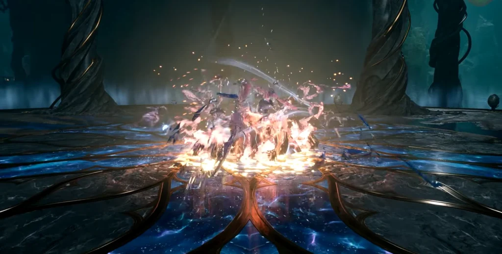 Glowing energy explosion on circular platform in dark arena