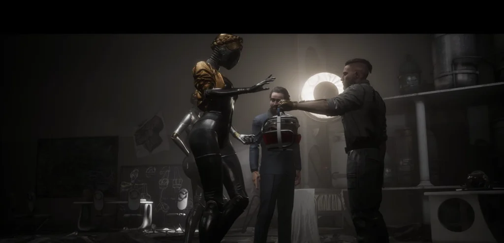 Robot reaches toward man holding helmet in workshop