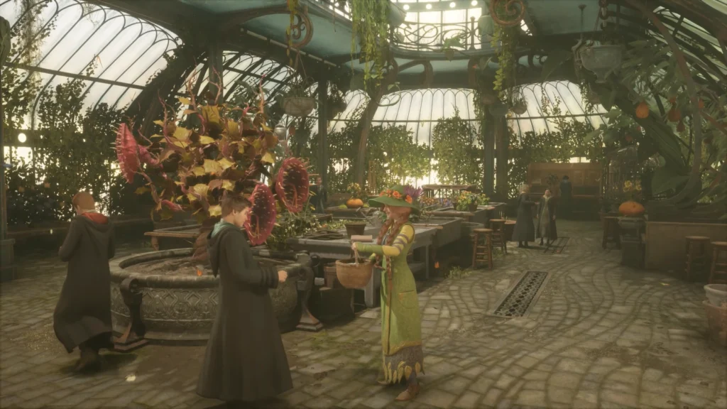 Students talk in Hogwarts Legacy greenhouse classroom
