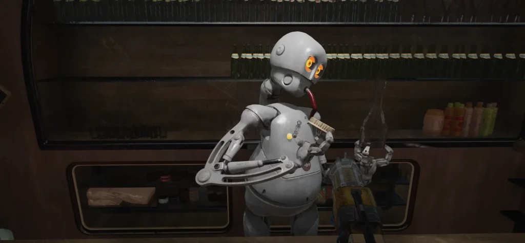 Gray robot holding brush behind store shelves