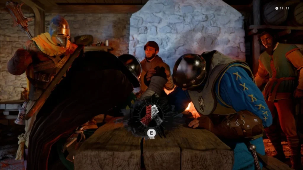 Arm wrestling match in medieval tavern with armored men