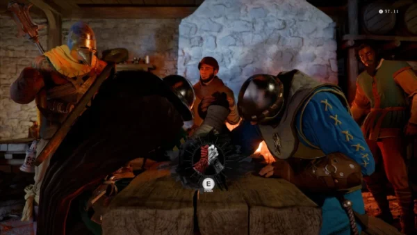 Arm wrestling match in medieval tavern with armored men
