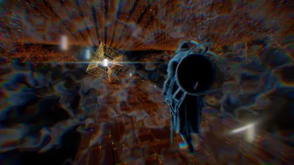 First-person gun aiming at glowing cube in tunnel