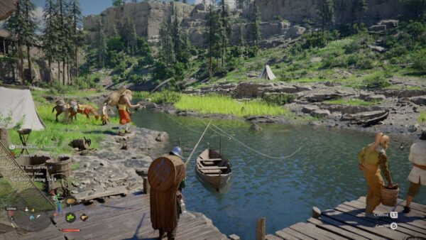 Player character fishes at river dock in forest