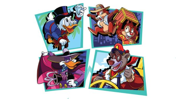 DuckTales characters posing in four-panel collage on white background