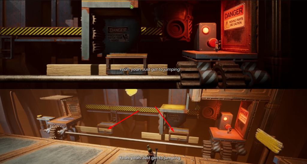 It Takes Two characters jumping in factory machinery area