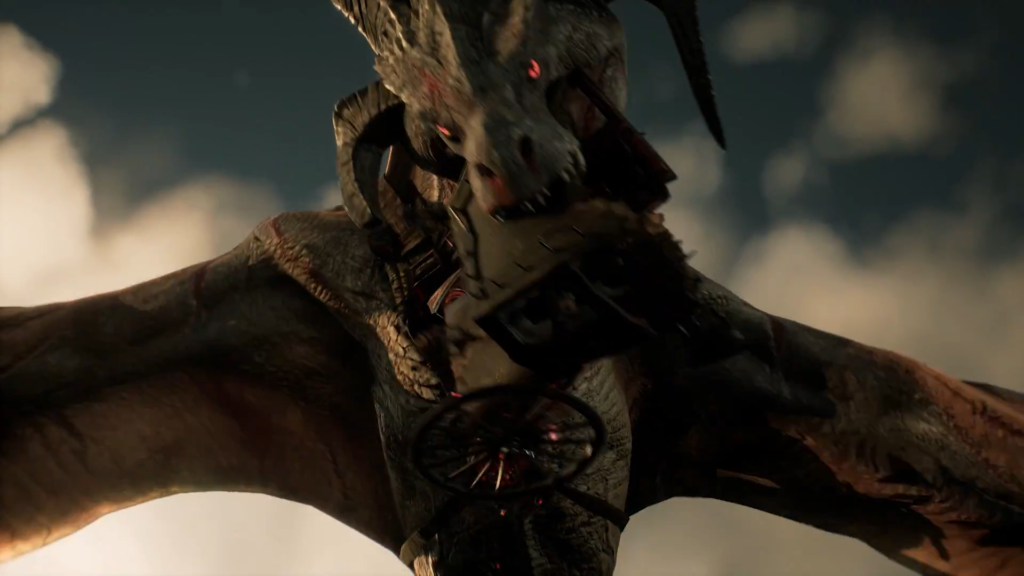 Dragon carrying armored rider flying in cloudy sky