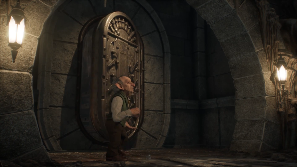 Goblin stands by ornate door in stone corridor