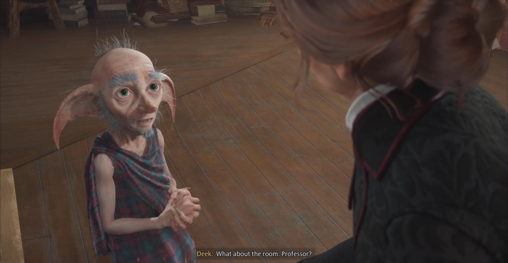 Deek talks to professor inside Hogwarts Legacy room