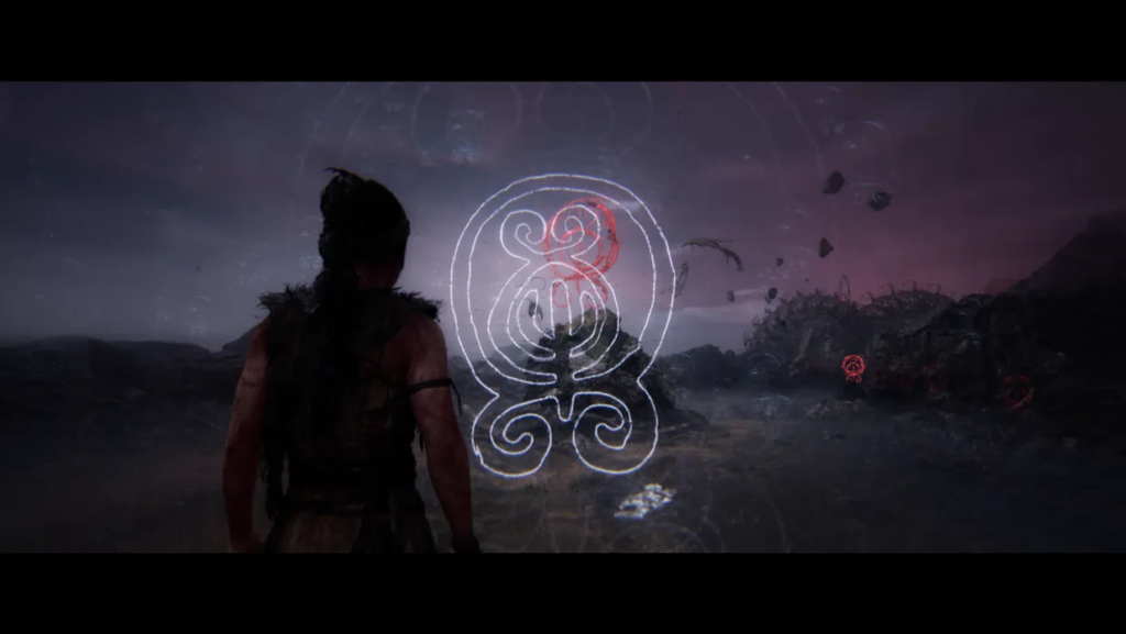 Senua from Hellblade faces glowing rune in foggy landscape