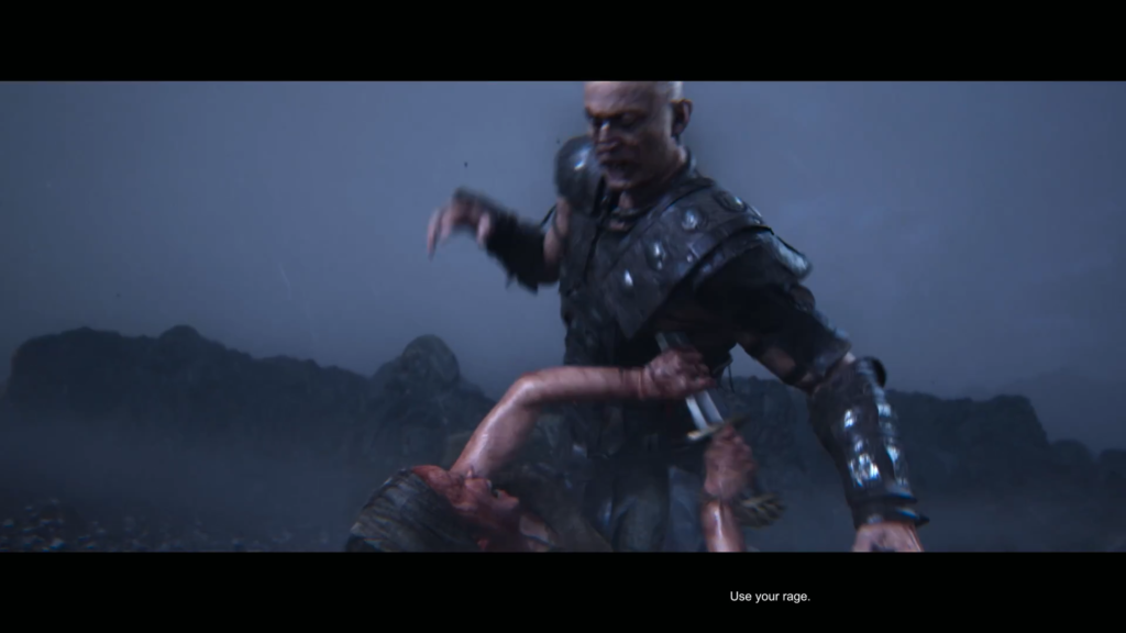 Armored warrior fights woman on rocky battlefield at night