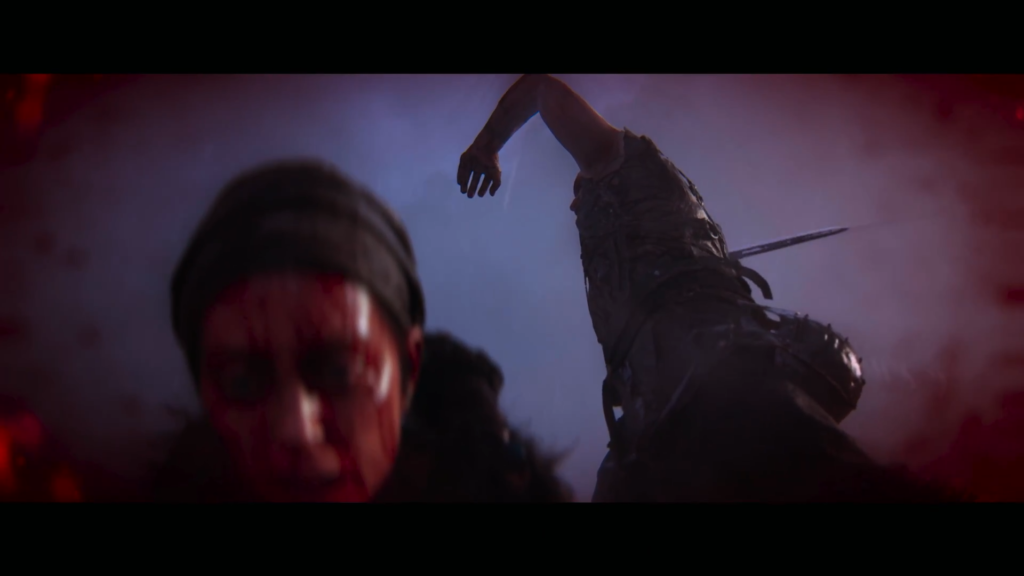 Warrior raises sword in smoky battlefield at night