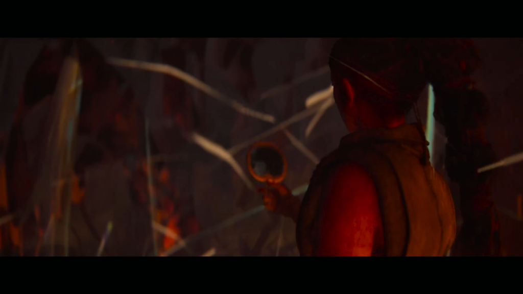 Person holding flashlight in dark forest at night