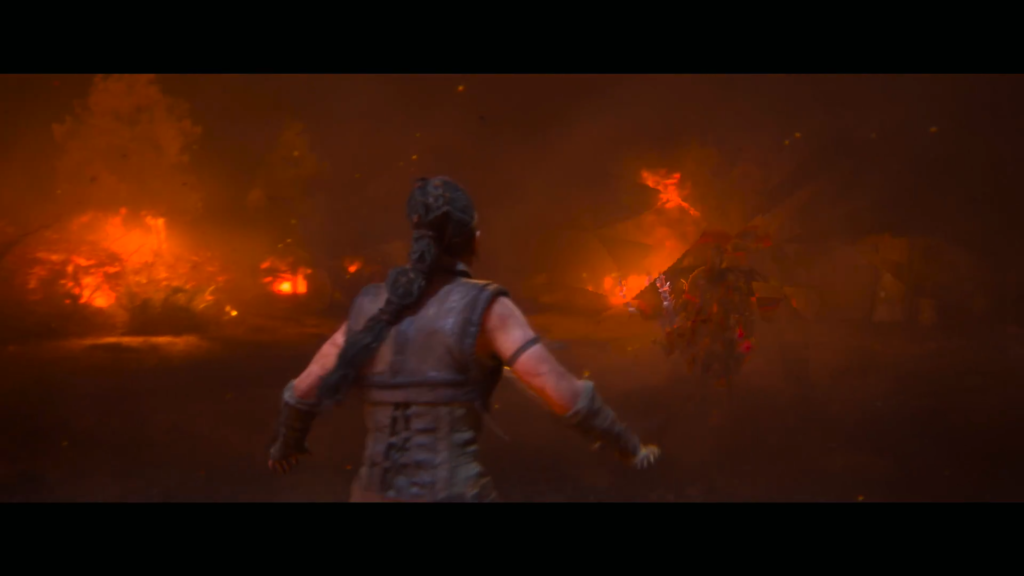 Warrior faces dragon amid orange flames and smoke