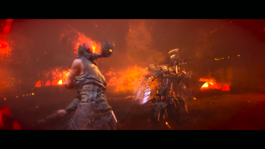 Armored warrior fights horned monster in fiery battlefield