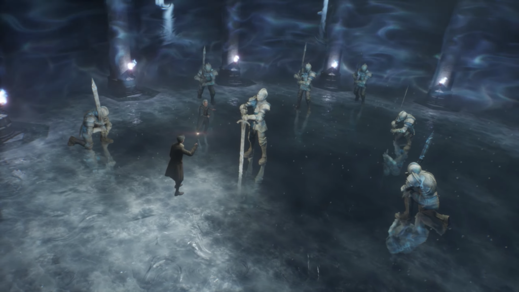 Man confronts armored knights on icy floor in cavern