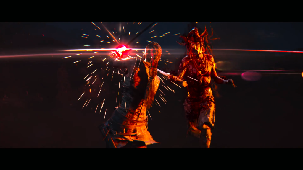 Warrior blocks sword strike from horned enemy in darkness