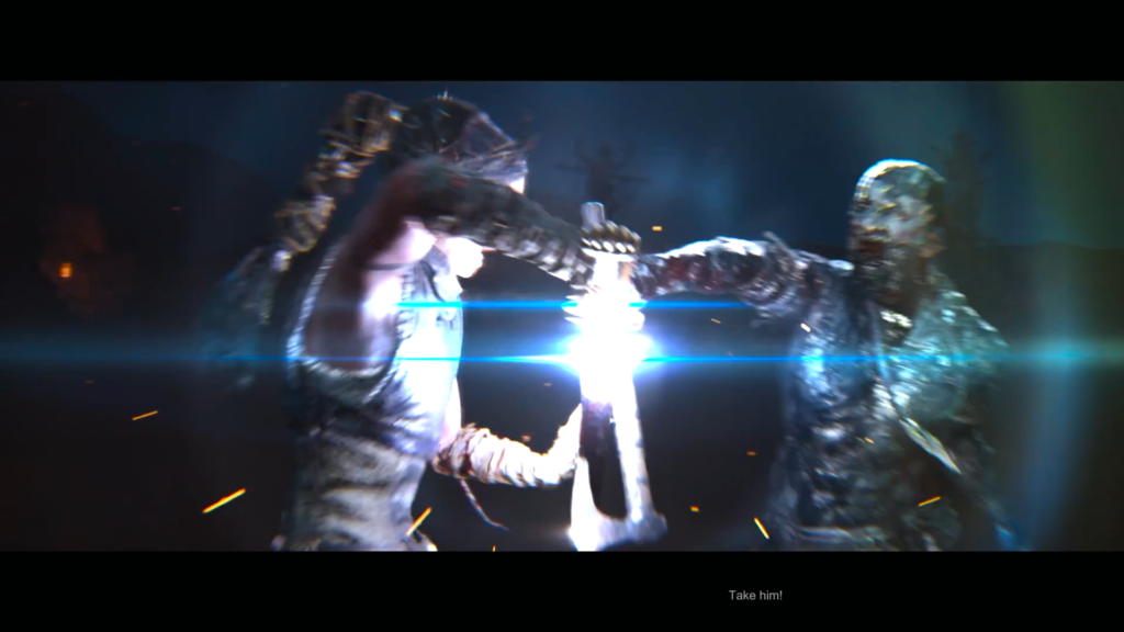 Two armored fighters clash swords in dark arena