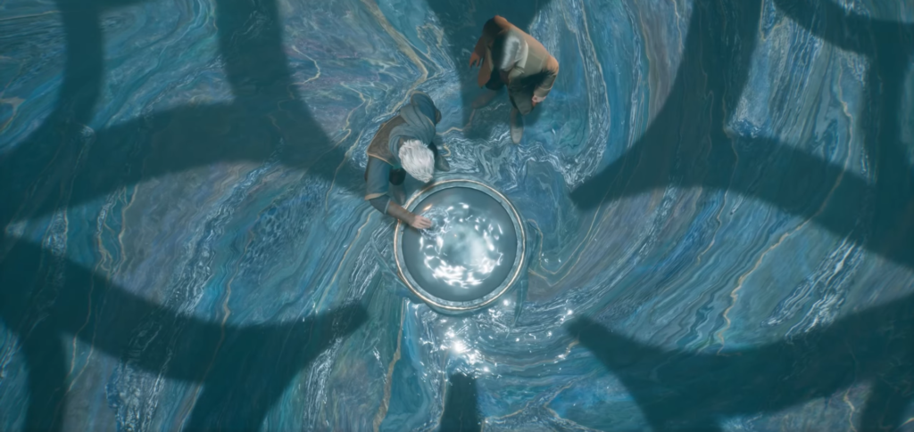 Two people touch glowing pool on blue floor