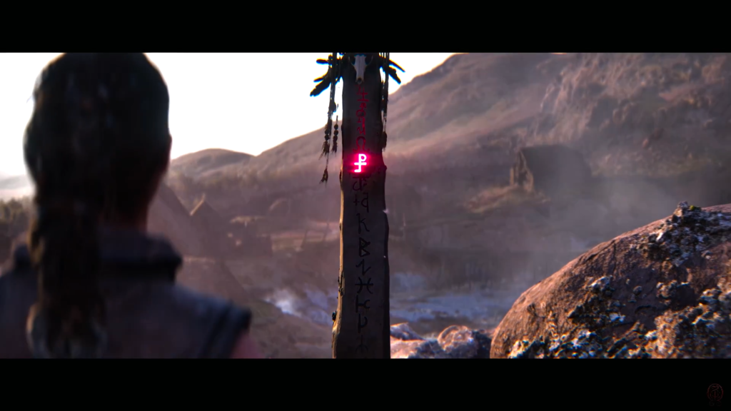 Woman watches glowing rune totem in rocky mountains