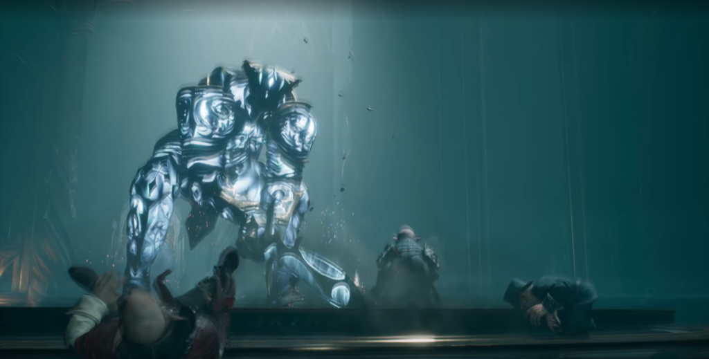 Armored creature attacks fallen soldiers in dark hall