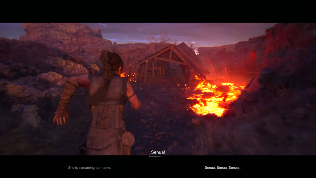 Senua runs past lava toward burning hut in Hellblade