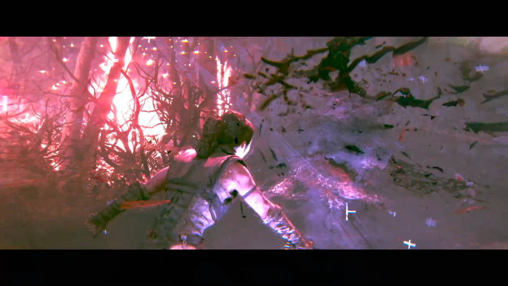 Armored warrior falls amid purple energy in forest