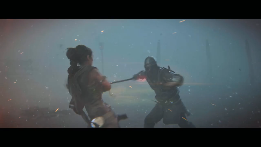 Woman dodges sword attack in foggy battlefield