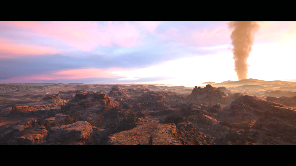 Smoke plume rising over rocky desert at sunset