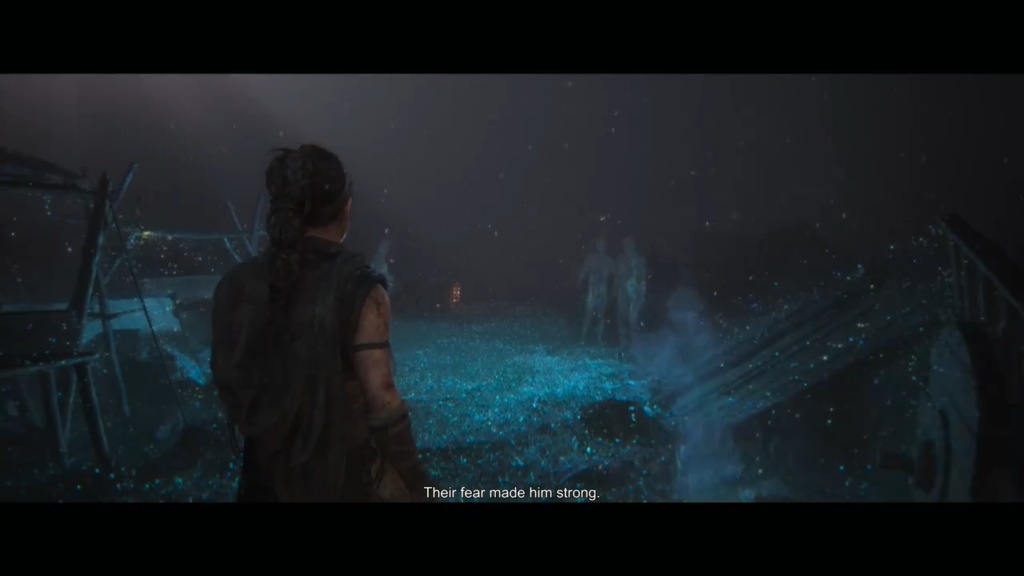 Warrior watches ghostly figures in blue misty ruins