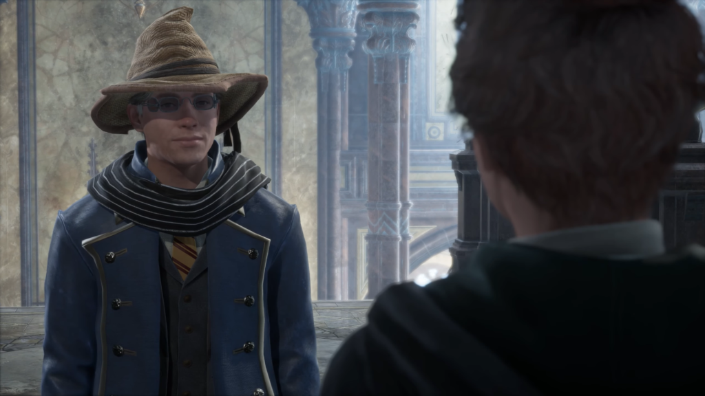 Hogwarts Legacy student wearing Sorting Hat inside Hogwarts corridor