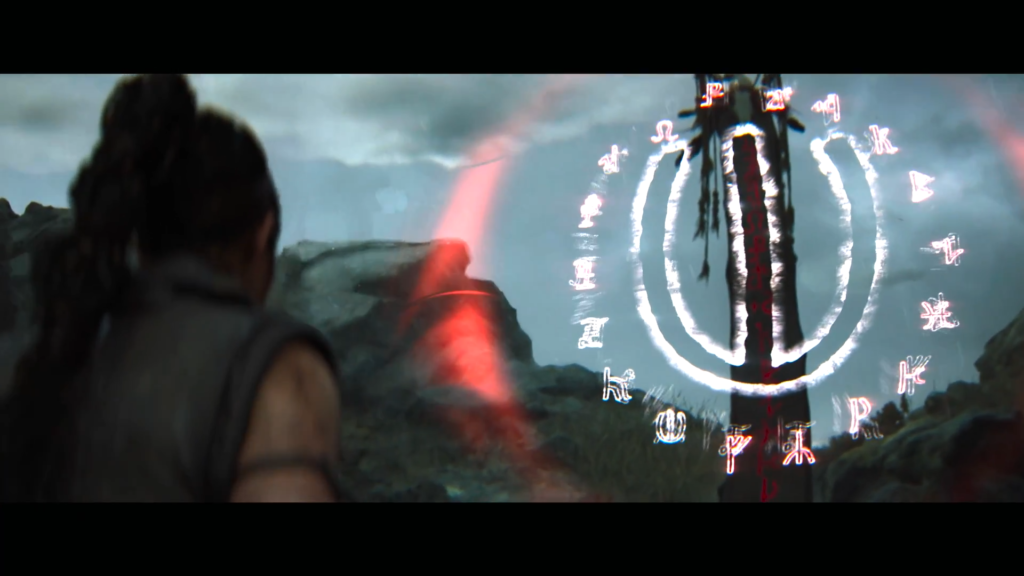 Woman watches glowing rune circle around hanging body outdoors