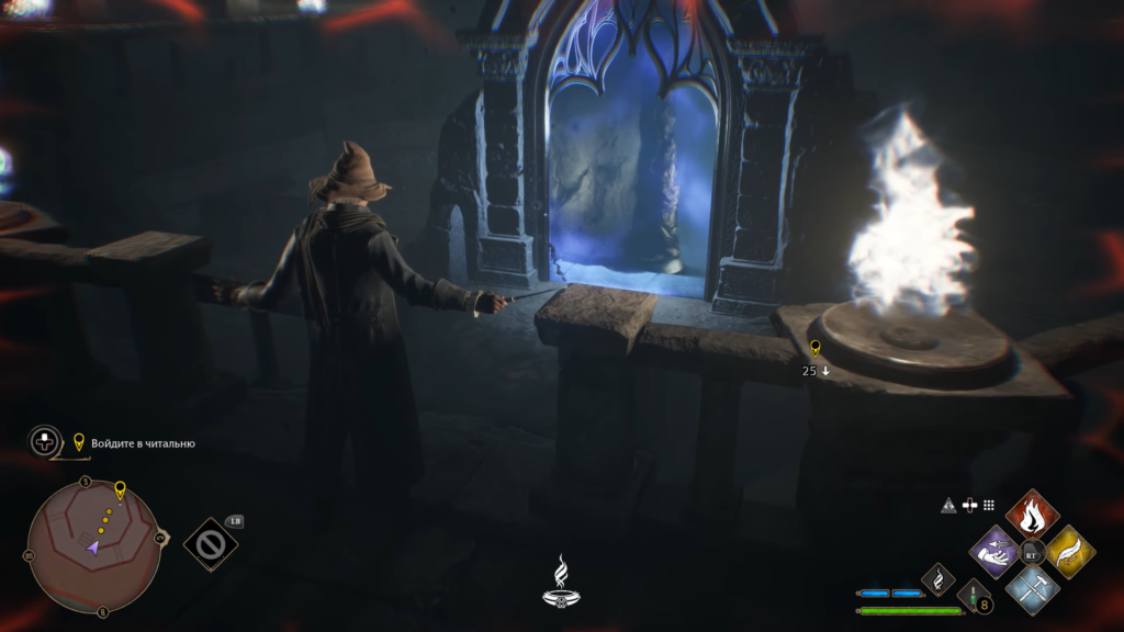 Hogwarts Legacy wizard approaches blue portal in dark chamber