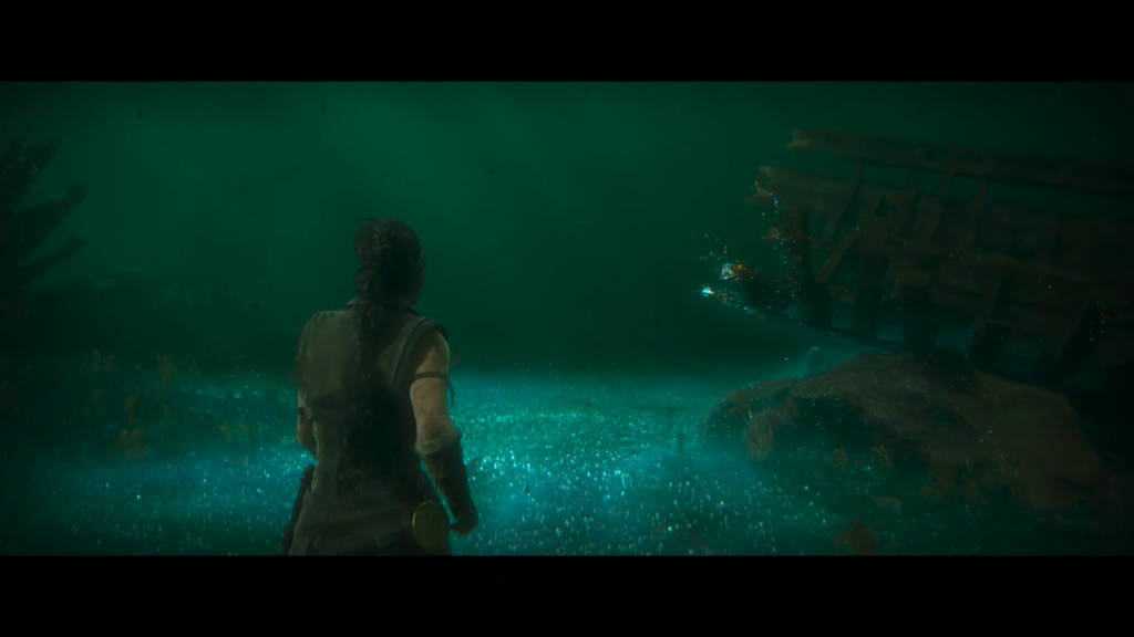 Person standing underwater near shipwreck in green water