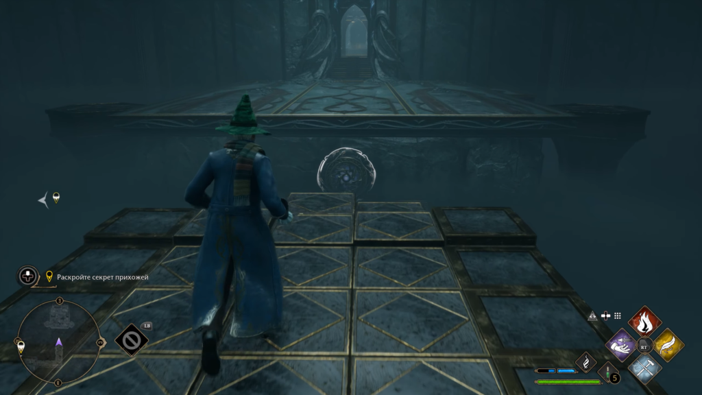 Wizard runs across stone platforms in Hogwarts Legacy dungeon