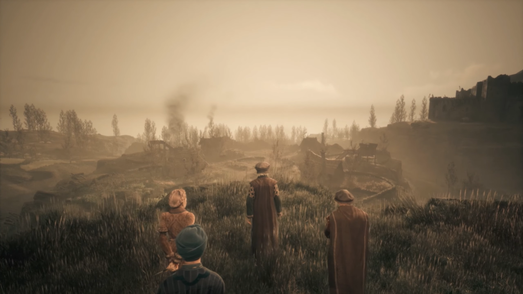 Three cloaked figures overlook misty battlefield at sunset