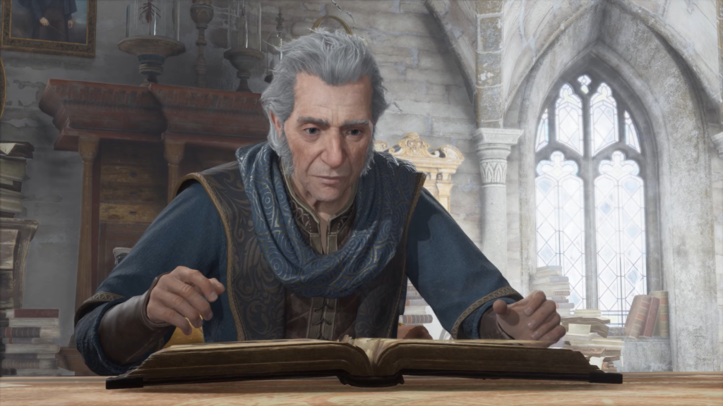 Professor Fig reading book in Hogwarts Legacy classroom