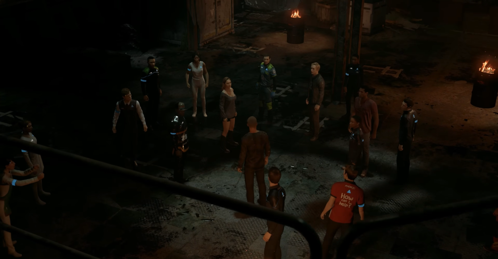 Detroit: Become Human characters gather in dark warehouse