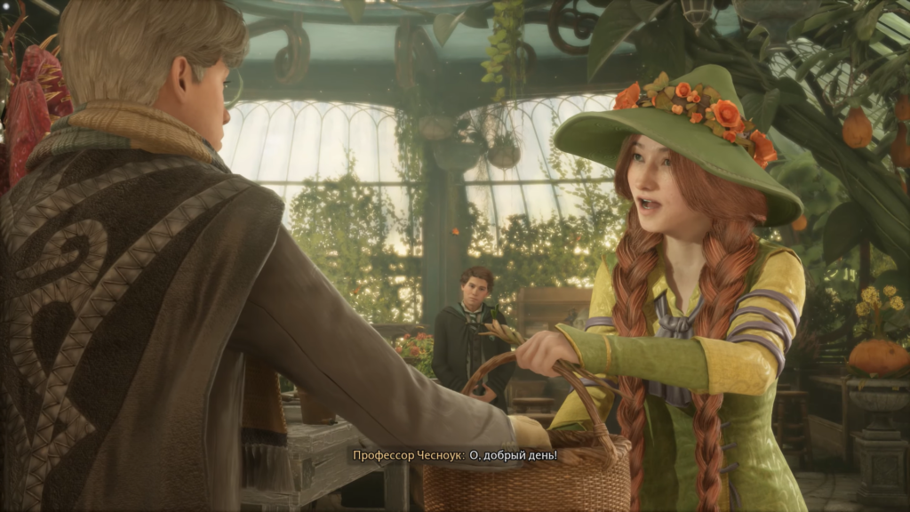 Woman hands basket to man in greenhouse