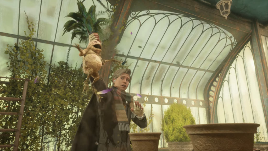 Hogwarts Legacy student holds mandrake in greenhouse