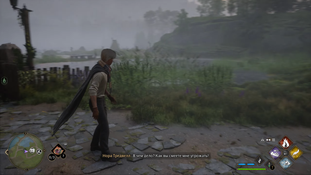 Wizard walking on stone path near misty lake