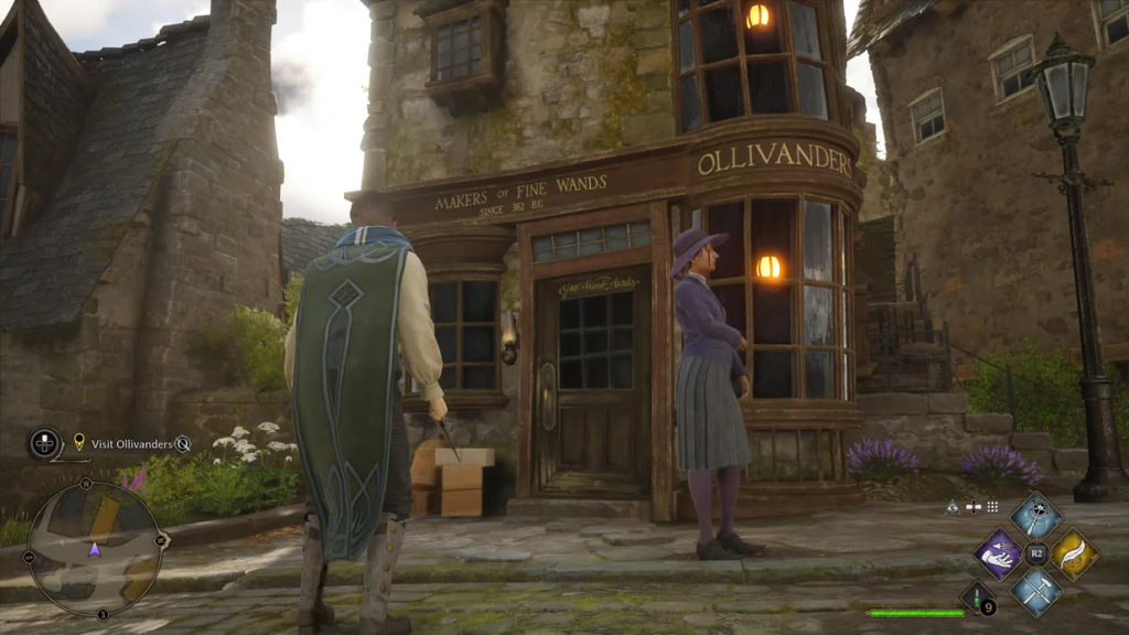 Hogwarts Legacy player walks toward Ollivanders wand shop exterior