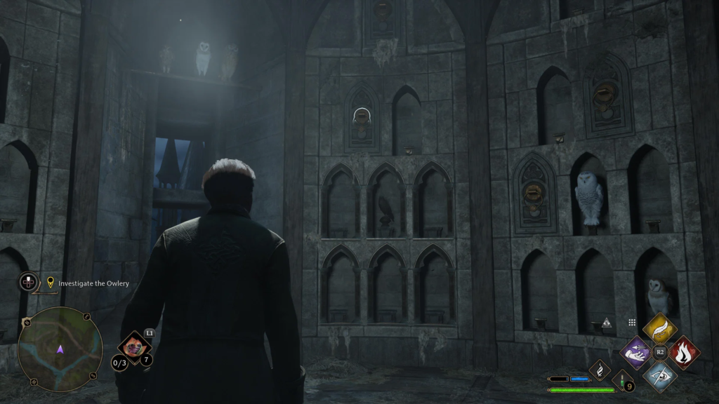 Player character stands in Hogwarts Legacy owlery chamber
